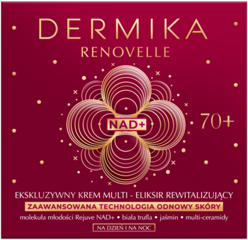 Dermika Renovelle, krem rewitalizujący 70+ z NAD+. Bordowe opakowanie ze złotymi detalami i kwiatowym wzorem.