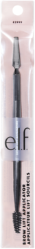 Aplikator e.l.f. Brow Lift, dwustronna szczoteczka do brwi, srebrny, w przezroczystym opakowaniu, widok z przodu.
