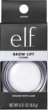 elf BROW LIFT -CLEAR- w czarnym opakowaniu, widok z przodu. Widoczny okrągły słoiczek z przezroczystym woskiem.