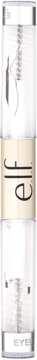 e.l.f. Clear Brow & Lash Mascara, przezroczysta dwustronna tubka z czarnym logo na beżowym tle, widok z przodu.