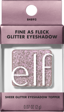e.l.f. Fine as Fleck Glitter Eyeshadow, różowy brokatowy cień w etui, widoczny w kartonowym pudełku.