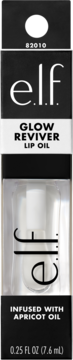 Opakowanie e.l.f. Glow Reviver Lip Oil z olejkiem morelowym, widok z przodu, przezroczysta tubka widoczna.