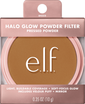 e.l.f. Halo Glow Powder Filter Deep Neutral, lekki puder prasowany, różowo-złote opakowanie, widok z przodu.
