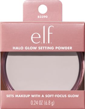 e.l.f. Halo Glow Setting Powder w różowym pudełku, z widocznym białym pudrem w okrągłym kompakcie.