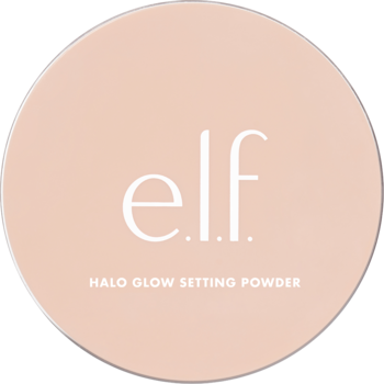 Jasny, okrągły kompakt beżowego pudru e.l.f. Halo Glow Setting Powder z białym logo, widok z przodu.
