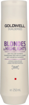 Goldwell Dualsenses Blondes & Highlights Anti-Yellow Shampoo w białej butelce, fioletowe napisy, widok z przodu, 250ml.
