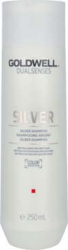 Goldwell Dualsenses Silver Shampoo w białej butelce 250 ml, widok z przodu. Do włosów siwych, neutralizuje żółte tony.
