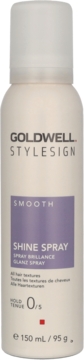 Goldwell Stylesign Smooth Shine Spray, beżowa butelka z fioletową etykietą, widok z przodu, pojemność 150 ml.