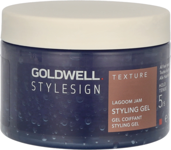 Granatowy słoik Goldwell Stylesign Lagoom Jam Styling Gel z jasnym wieczkiem i kropelkami, frontalny widok.