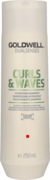 Kremowy Goldwell Dualsenses Curls & Waves Hydrating Shampoo 250ml, widok z przodu z zielonym napisem na etykiecie.