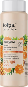 Beżowa butelka Tołpa Dermo Face Enzyme, puder do mycia twarzy z pomarańczą, redukuje zaskórniki, widok z przodu.