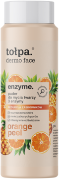 Beżowa butelka Tołpa Dermo Face Enzyme, puder do mycia twarzy z pomarańczą, redukuje zaskórniki, widok z przodu.