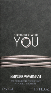 Emporio Armani Stronger With You, męska woda toaletowa 50 ml, widok z przodu czarnego opakowania z srebrnymi pasami.