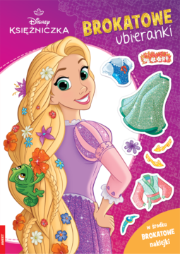 Okładka książki Disney Księżniczka Brokatowe ubieranki z Rapunzel i brokatowymi strojami, na fioletowym tle.