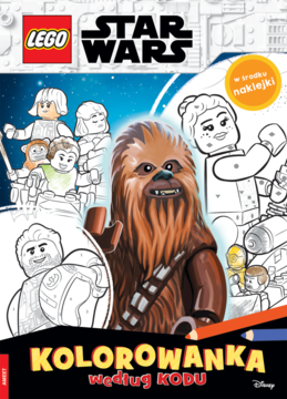 Okładka LEGO Star Wars Kolorowanka według kodu: Chewbacca, Han Solo, Leia, Luke do pokolorowania. Nagłówek i naklejki.