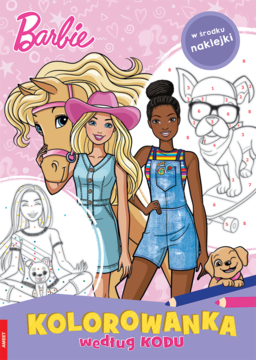 Okładka różowej kolorowanki Barbie KODU: blondynka Barbie z koniem, przyjaciółka, wzory do kodowania, naklejki.