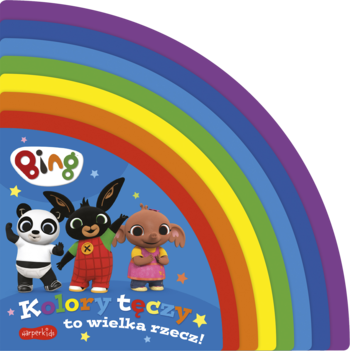 Okładka książki Bing Kolory tęczy: królik, panda, słoń pod tęczą. Fioletowe tło, gwiazdki, kolory.