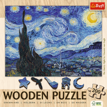 Trefl drewniane puzzle 200 el. z obrazem "Gwiaździsta Noc" Van Gogha, na pudełku wycięte kształty puzzli.
