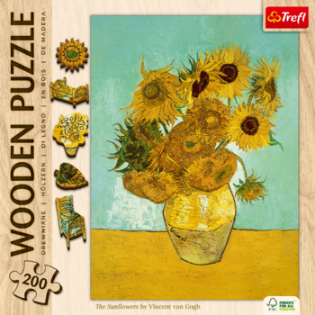 Pudełko puzzli drewnianych Trefl, 200 elem. Obraz Słoneczniki Van Gogha na przodzie. Wyróżnione kształty puzzli.