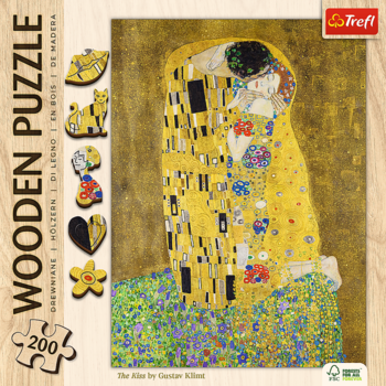 Drewniane puzzle Trefl 'Pocałunek' Klimta, 200 elementów. Widok pudełka z fragmentami układanki.