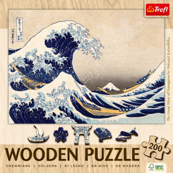 Drewniane puzzle Trefl 200 el. z reprodukcją Wielkiej Fali Hokusai, widok na pudełko z unikalnymi kształtami.