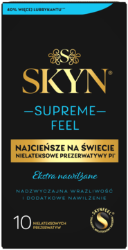 SKYN Supreme Feel cienkie nielateksowe prezerwatywy, czarno-złote opakowanie, ekstra nawilżane, widok z przodu.