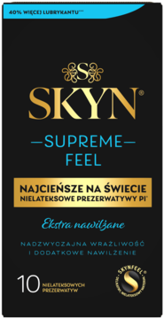 SKYN Supreme Feel cienkie nielateksowe prezerwatywy, czarno-złote opakowanie, ekstra nawilżane, widok z przodu.