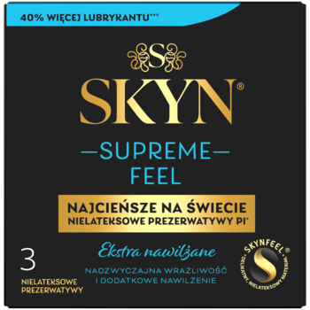 Czarne opakowanie Skyn Supreme Feel: 3 nielateksowe, najcieńsze i ekstra nawilżane prezerwatywy. Widok z przodu.