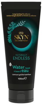 SKYN Naturally Endless, czarna tuba lubrykantu na bazie wody 100ml, z turkusowymi liśćmi i białym tekstem.