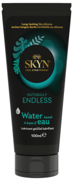 SKYN Naturally Endless, czarna tuba lubrykantu na bazie wody 100ml, z turkusowymi liśćmi i białym tekstem.