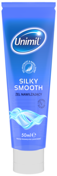 Niebieska tubka Unimil Silky Smooth Żel Nawilżający 50ml, z białym napisem i grafiką fal, widok z przodu.