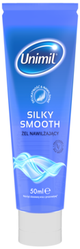 Niebieska tubka Unimil Silky Smooth Żel Nawilżający 50ml, z białym napisem i grafiką fal, widok z przodu.