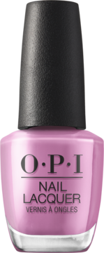 Butelka lakieru OPI w odcieniu Vogue en Violet, jasny liliowy kolor, błyszczące szkło i czarna matowa nakrętka.