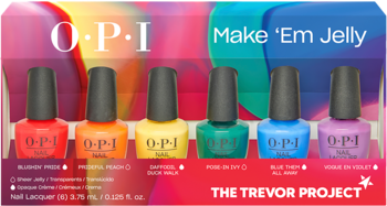 Zestaw 6 mini lakierów OPI Make 'Em Jelly: czerwony, pomarańczowy, żółty, turkusowy, niebieski, fioletowy na tle pudełka The Trevor Project.