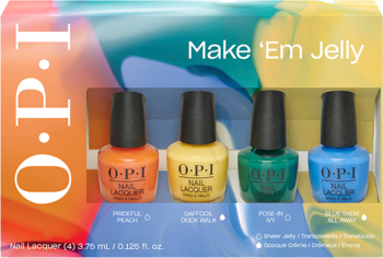 OPI Make 'Em Jelly zestaw 4 mini lakierów: Prideful Peach, Daffodil Duck Walk, Pose-in Ivy, Blue Them All Away.