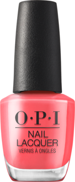 OPI Nail Lacquer w koralowo-różowej butelce z czarną zakrętką, widok z przodu, logo OPI.