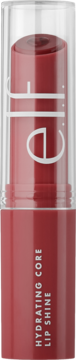 e.l.f. Hydrating Core Lip Shine, różowy sztyft w przezroczystej obudowie, z pionowym logo. Widok z przodu.