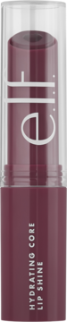 E.l.f. Hydrating Core Lip Shine w kolorze śliwkowym, z białym logo, w przezroczystej tubce, widok z przodu.