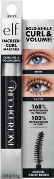 e.l.f. Incredi-Curl Mascara w czarno-srebrnym opakowaniu, przód pudełka z efektem przed/po i szczoteczką.