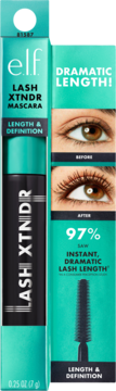 Opakowanie tuszu e.l.f. Lash XTNDR Deep Brown z efektami przed/po i hasłem "DRAMATIC LENGTH!".