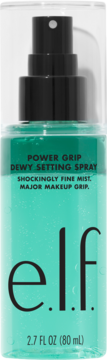 e.l.f. Power Grip Dewy Setting Spray w przezroczystej butelce, turkusowy płyn z brokatem, widok z przodu.