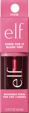 e.l.f. Sheer For It Blush Tint, czerwony, do ust i policzków, w różowym opakowaniu z okienkiem, widok z przodu.