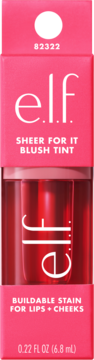 e.l.f. Sheer For It Blush Tint, różowy tint do ust i policzków, w pudełku z przezroczystym okienkiem, widok z przodu.