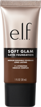 e.l.f. Soft Glam Satin Foundation, ciemna tubka z satynowym wykończeniem i napisem, widok z przodu.