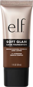 e.l.f. Soft Glam Satin Foundation, ciemna tubka z satynowym wykończeniem i napisem, widok z przodu.