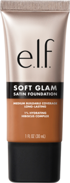e.l.f. Soft Glam Satin Foundation, nawilżający, ciemnobrązowy podkład w tubce 30ml, widok z przodu.