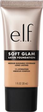 Beżowa tubka e.l.f. Soft Glam Satin Foundation, nawilżająca formuła z hibiskusem, widok z przodu, 30ml.