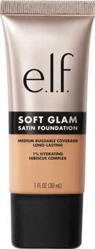 Beżowa tubka e.l.f. Soft Glam Satin Foundation, nawilżająca formuła z hibiskusem, widok z przodu, 30ml.