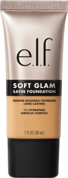 e.l.f. Soft Glam Satin Foundation, hydrating, in a beige tube with metallic champagne top, front view.