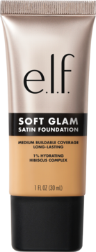 e.l.f. Soft Glam Satin Foundation, hydrating, in a beige tube with metallic champagne top, front view.